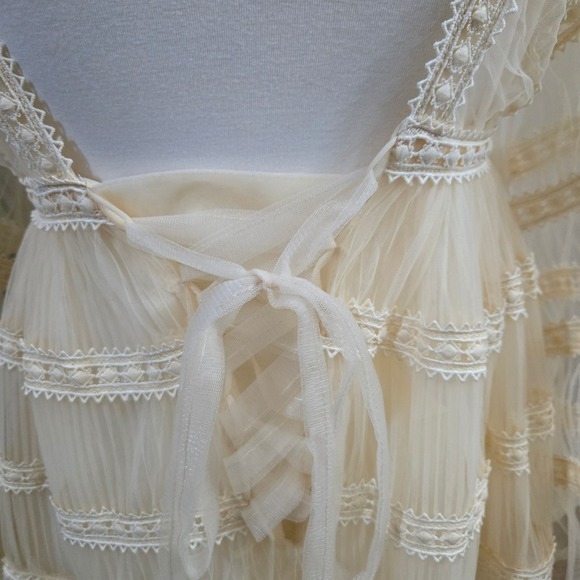 Pregnancy Photoshoot Maxi Dress Cream Boho Tulle Lace Tiered Wedding Gown 70s - Picture 7 of 12